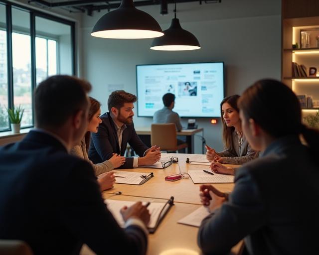 봉우리 필름 사무실에서 회의하는 팀원들